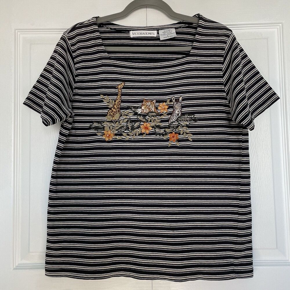 VTG Victoria Jones Black Striped Safari Embroidered T-Shirt Women’s Size L